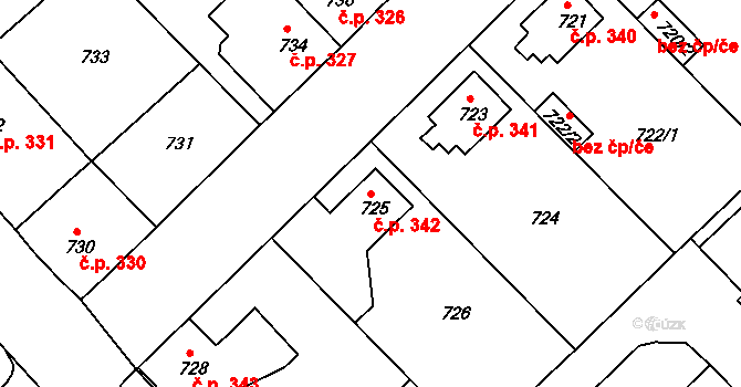 Choceňské Předměstí 342, Vysoké Mýto na parcele st. 725 v KÚ Vysoké Mýto, Katastrální mapa