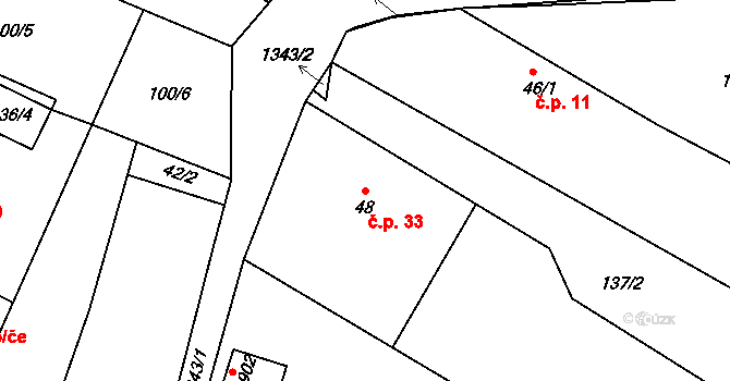 Dřevec 33, Kožlany na parcele st. 48 v KÚ Dřevec, Katastrální mapa