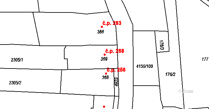 Kožlany 258 na parcele st. 369 v KÚ Kožlany, Katastrální mapa