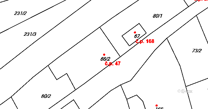 Dobřív 47 na parcele st. 66/2 v KÚ Dobřív, Katastrální mapa