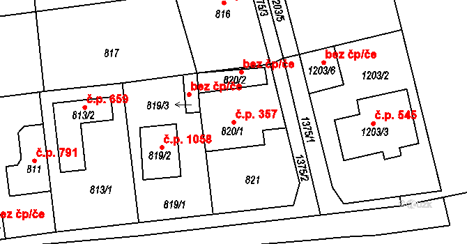 Vejprnice 357 na parcele st. 820/1 v KÚ Vejprnice, Katastrální mapa