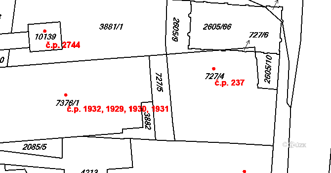 Zelené Předměstí 237, Pardubice na parcele st. 727/4 v KÚ Pardubice, Katastrální mapa