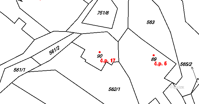 Hudeč 17, Podmoklany na parcele st. 90 v KÚ Hudeč, Katastrální mapa