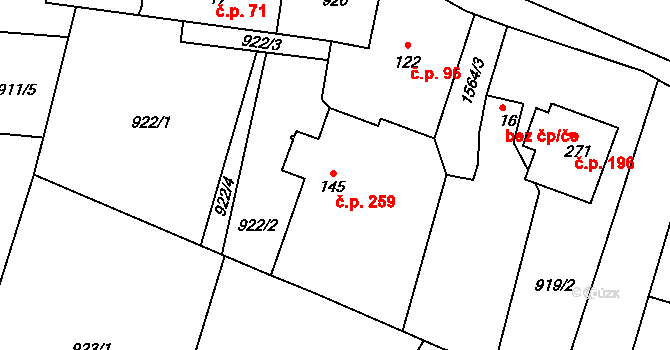 Chvojenec 259 na parcele st. 145 v KÚ Chvojenec, Katastrální mapa
