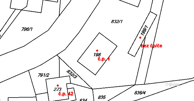 Krchleby 1 na parcele st. 198 v KÚ Krchleby na Moravě, Katastrální mapa