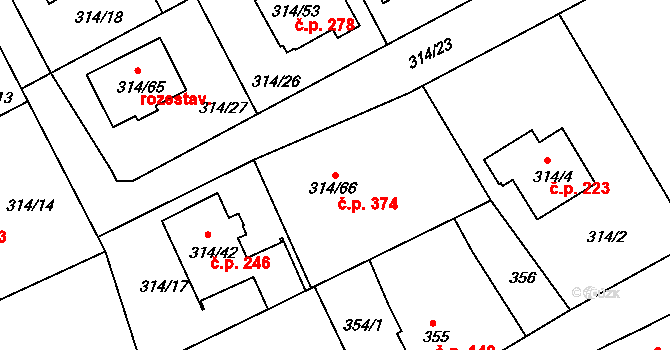 Liberec XIX-Horní Hanychov 374, Liberec na parcele st. 314/66 v KÚ Horní Hanychov, Katastrální mapa