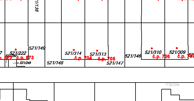 Horní Měcholupy 705, Praha na parcele st. 521/313 v KÚ Horní Měcholupy, Katastrální mapa