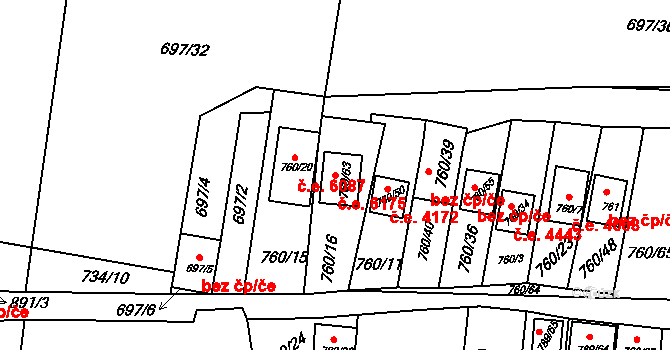 Znojmo 6175 na parcele st. 760/63 v KÚ Znojmo-Louka, Katastrální mapa