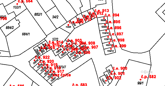 Žatec 908 na parcele st. 103/20 v KÚ Žatec, Katastrální mapa