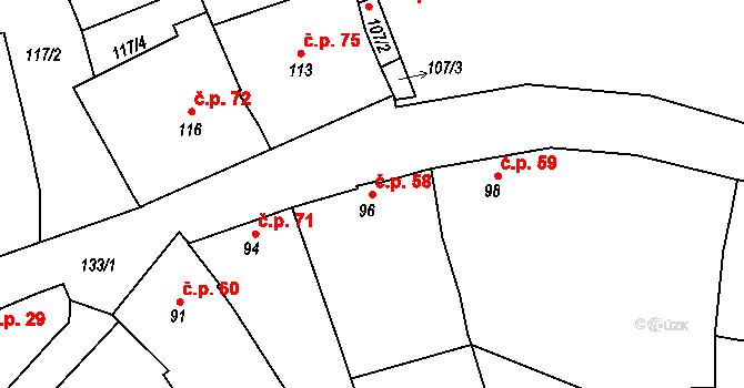 Bohumilice 58, Klobouky u Brna na parcele st. 96 v KÚ Bohumilice, Katastrální mapa