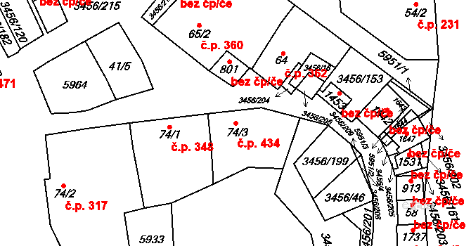 Hrušovany nad Jevišovkou 434 na parcele st. 74/3 v KÚ Hrušovany nad Jevišovkou, Katastrální mapa