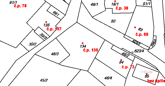 Lazníky 135 na parcele st. 134 v KÚ Lazníky, Katastrální mapa