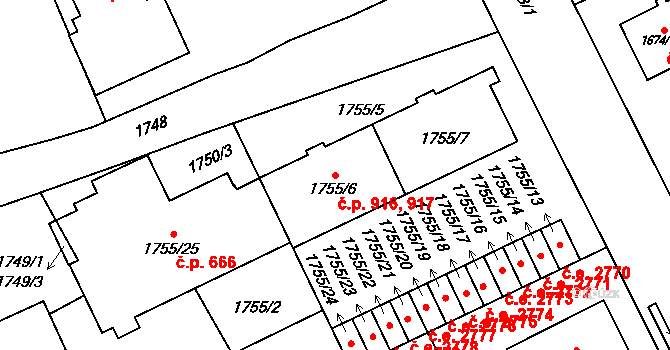 Jihlava 916,917 na parcele st. 1755/6 v KÚ Jihlava, Katastrální mapa