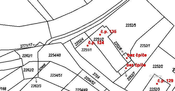 Dačice IV 124, Dačice na parcele st. 2251/1 v KÚ Dačice, Katastrální mapa