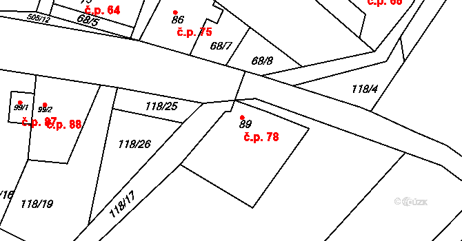 Měrotín 78 na parcele st. 89 v KÚ Měrotín, Katastrální mapa
