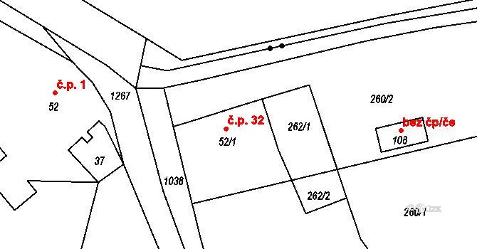 Houska 32, Blatce na parcele st. 52/1 v KÚ Houska, Katastrální mapa