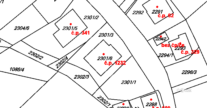 Valašské Meziříčí 1232 na parcele st. 2301/6 v KÚ Valašské Meziříčí-město, Katastrální mapa