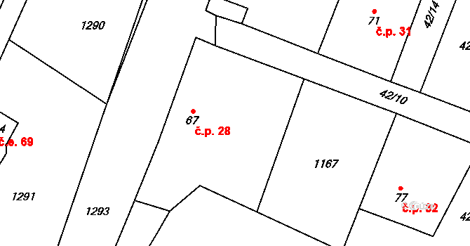 Prostřední Lhota 28, Chotilsko na parcele st. 67 v KÚ Prostřední Lhota, Katastrální mapa