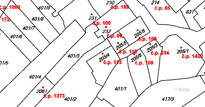 Mařatice 113, Uherské Hradiště na parcele st. 205/4 v KÚ Mařatice, Katastrální mapa