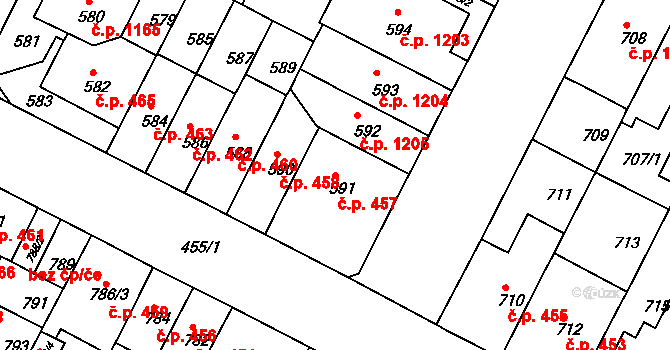 Černá Pole 457, Brno na parcele st. 591 v KÚ Černá Pole, Katastrální mapa