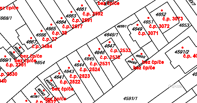 Židenice 2532, Brno na parcele st. 4646 v KÚ Židenice, Katastrální mapa