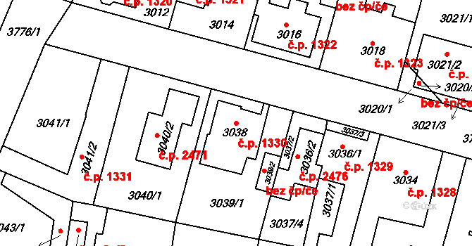 Horní Počernice 1330, Praha na parcele st. 3038 v KÚ Horní Počernice, Katastrální mapa