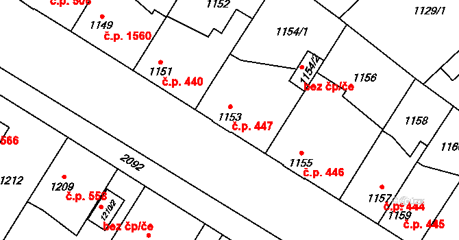 Uhříněves 447, Praha na parcele st. 1153 v KÚ Uhříněves, Katastrální mapa