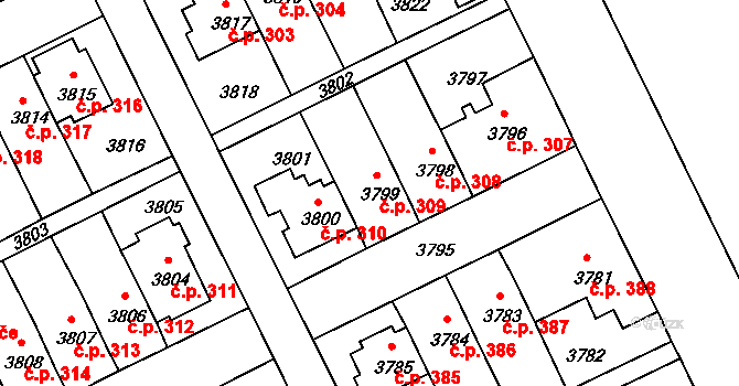 Záběhlice 309, Praha na parcele st. 3799 v KÚ Záběhlice, Katastrální mapa