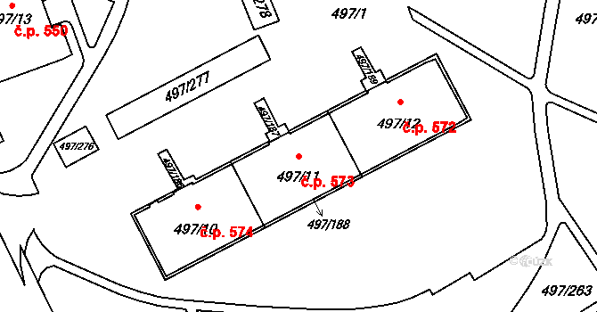 Ráj 573, Karviná na parcele st. 497/11 v KÚ Ráj, Katastrální mapa