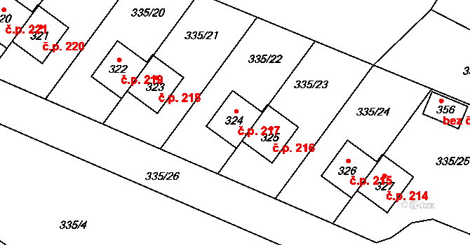 Býchory 217 na parcele st. 324 v KÚ Býchory, Katastrální mapa