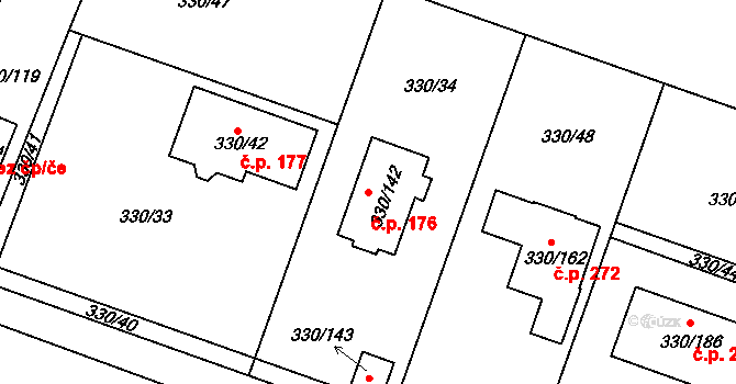 Hlušovice 176 na parcele st. 330/142 v KÚ Hlušovice, Katastrální mapa