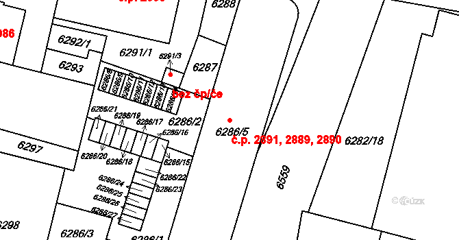 Jižní Předměstí 2889,2890,2891, Plzeň na parcele st. 6286/5 v KÚ Plzeň, Katastrální mapa