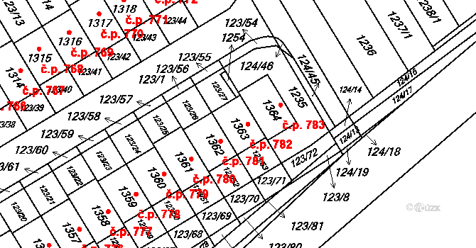 Veltrusy 782 na parcele st. 1363 v KÚ Veltrusy, Katastrální mapa
