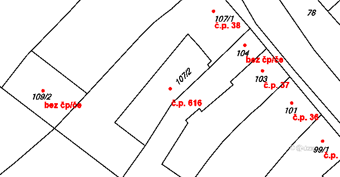 Měřín 616 na parcele st. 107/2 v KÚ Měřín, Katastrální mapa