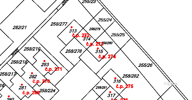 Jenštejn 274 na parcele st. 315 v KÚ Jenštejn, Katastrální mapa