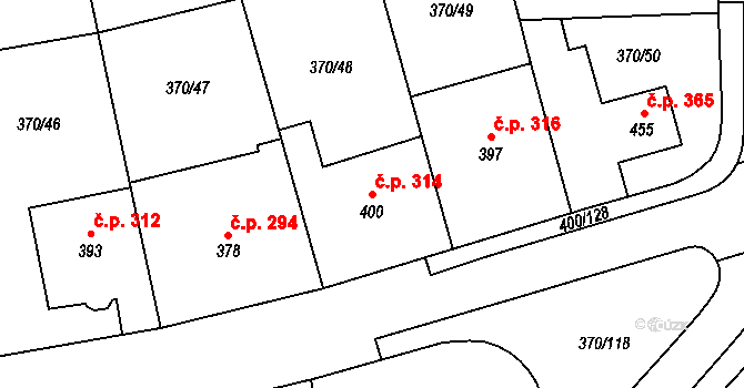 Prštné 314, Zlín na parcele st. 400 v KÚ Prštné, Katastrální mapa