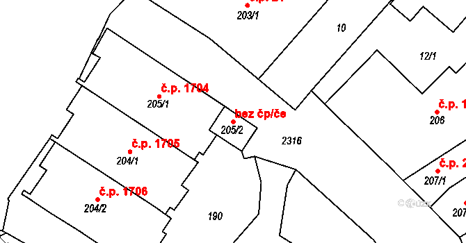 Tišnov 42310792 na parcele st. 205/2 v KÚ Tišnov, Katastrální mapa