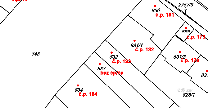 Bučovice 183 na parcele st. 832 v KÚ Bučovice, Katastrální mapa