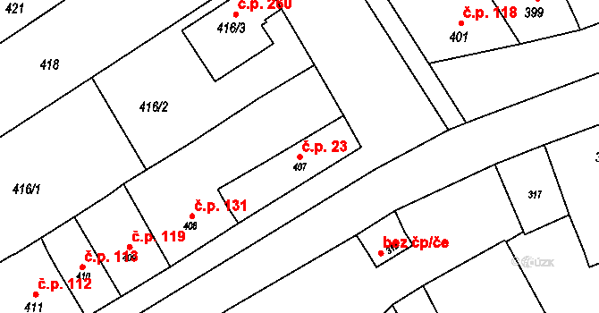 Zbýšov 23 na parcele st. 407 v KÚ Zbýšov, Katastrální mapa