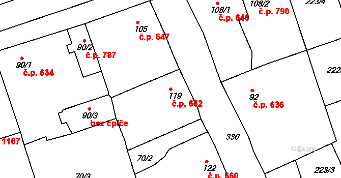 Rudná 652 na parcele st. 119 v KÚ Hořelice, Katastrální mapa