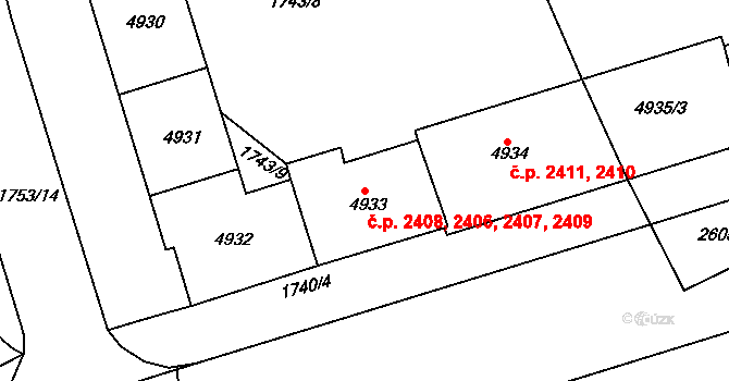 Zelené Předměstí 2406,2407,2408,2409, Pardubice na parcele st. 4932 v KÚ Pardubice, Katastrální mapa
