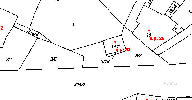 Kosmo 33, Šumavské Hoštice na parcele st. 14/2 v KÚ Kosmo, Katastrální mapa