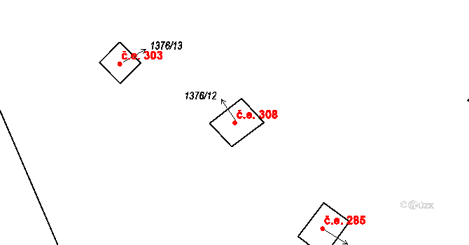 Čerňovice 308 na parcele st. 1376/12 v KÚ Čerňovice, Katastrální mapa