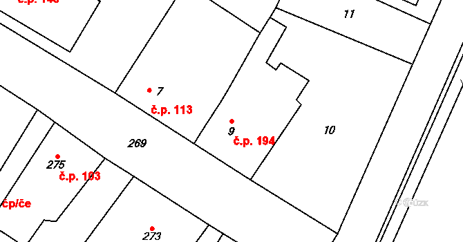 Senec 194, Zruč-Senec na parcele st. 9 v KÚ Senec u Plzně, Katastrální mapa