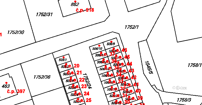 Libouchec 36 na parcele st. 506/11 v KÚ Libouchec, Katastrální mapa