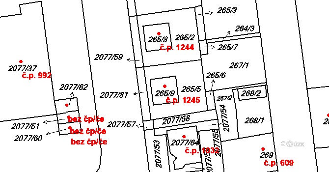 Třemošná 1245 na parcele st. 265/9 v KÚ Třemošná, Katastrální mapa