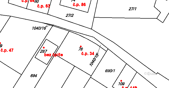 Mírovka 34, Havlíčkův Brod na parcele st. 78 v KÚ Mírovka, Katastrální mapa