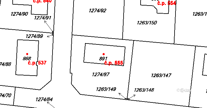 Doksy 555 na parcele st. 891 v KÚ Doksy u Kladna, Katastrální mapa