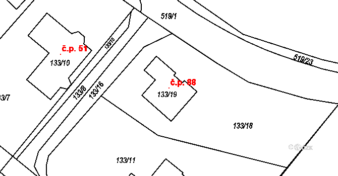 Luženičky 88 na parcele st. 133/19 v KÚ Luženičky, Katastrální mapa