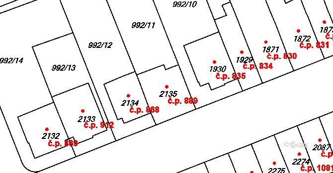 Kroměříž 889 na parcele st. 2135 v KÚ Kroměříž, Katastrální mapa